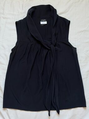 Vintage Chanel 100% Silk Navy Sleeveless Tie Neck Blouse